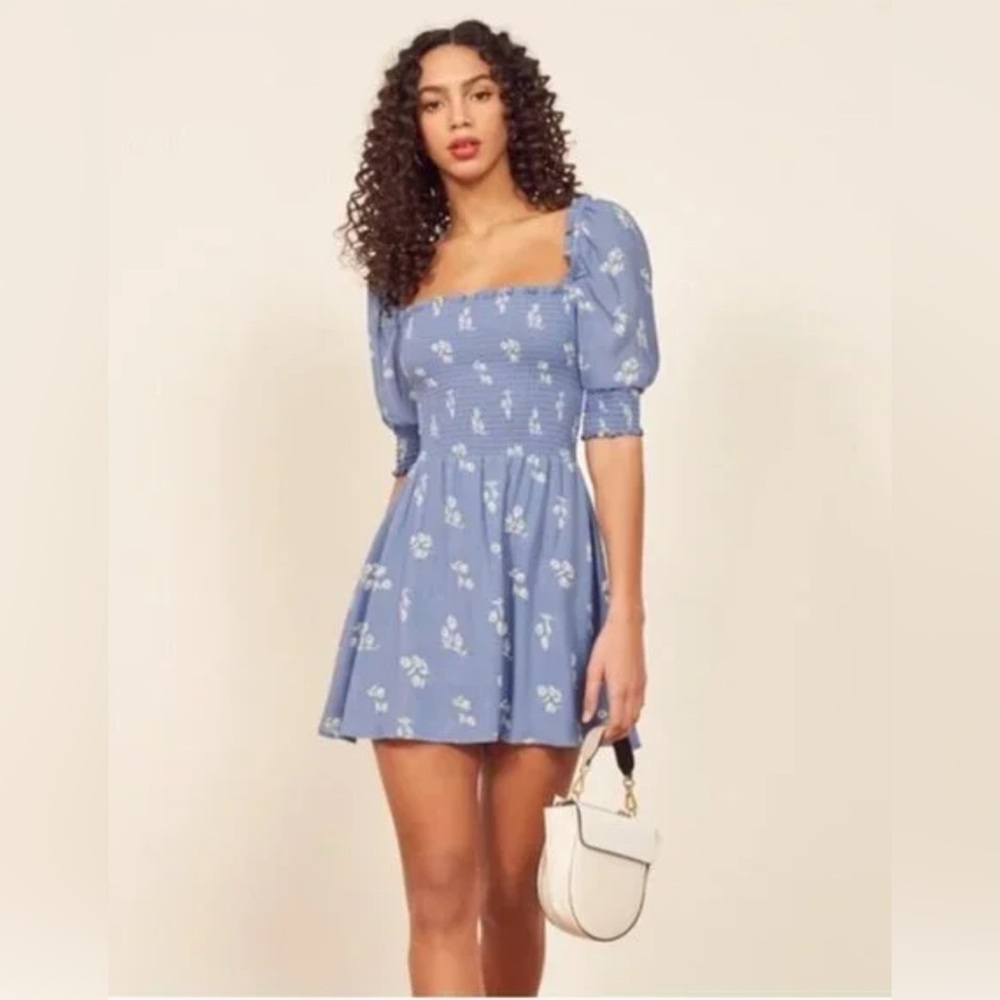 REFORMATION ELLE SUZETTE BLUE FLORAL MINI DRESS SIZE 0